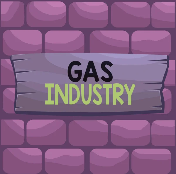 Handwriting text Gas Industry. Concept meaning global processes exploration and selling of petroleum products Plank wooden board blank rectangle shaped wood attached color background. — Stock Photo, Image