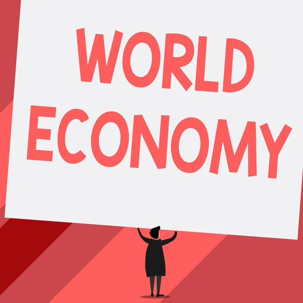 Dünya Ekonomisini gösteren kavramsal el yazısı. Global Worldwide International pazarlarının fotoğraf sergisi para değişimi kısa saçlı kadın boş dikdörtgenle el ele tutuşuyor. — Stok fotoğraf
