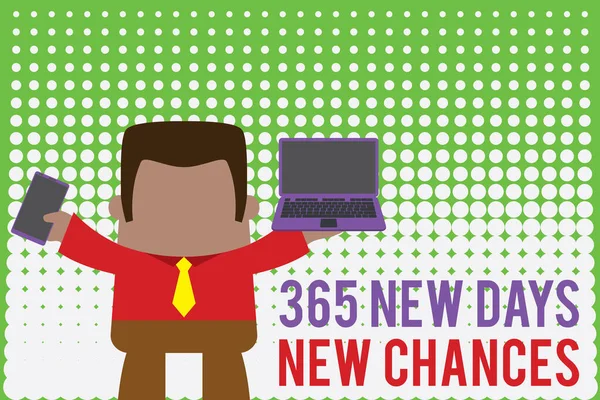 Note d'écriture montrant 365 New Days New Chances. Présentation de photos d'affaires Début d'une autre année Calendrier Opportunités Homme professionnel tenant un ordinateur portable dans le téléphone portable gauche droite . — Photo