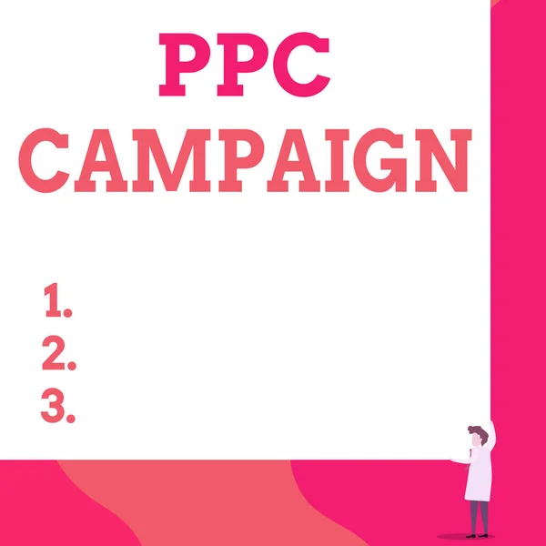 Schrijfbriefje met Ppc-campagne. Zakelijke foto showcasing gebruik Ppc om hun producten en diensten te promoten Een man professor dragen witte vacht rode stropdas houden groot bord gebruik twee handen. — Stockfoto