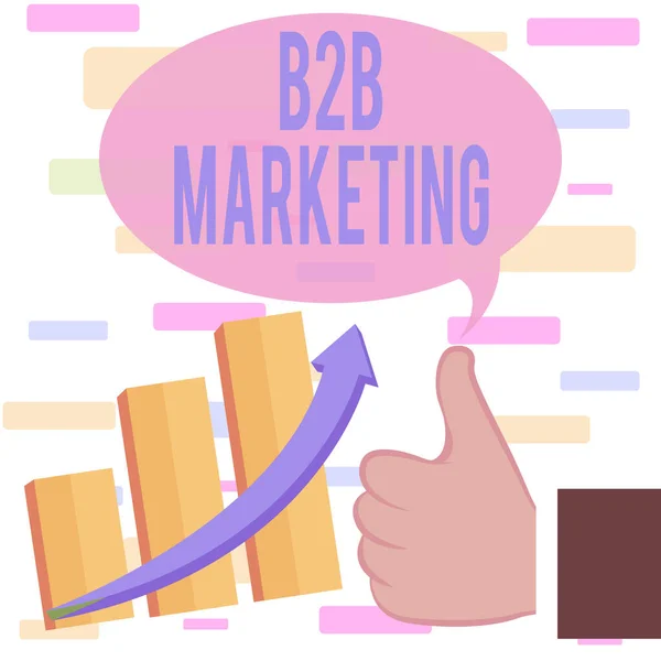 Writing note showing B2B Marketing. Business photo showcasing Partnership Companies Supply Chain Merger Leads Resell Thumb Up Good Performance Success Escalating Bar Graph Ascending Arrow.