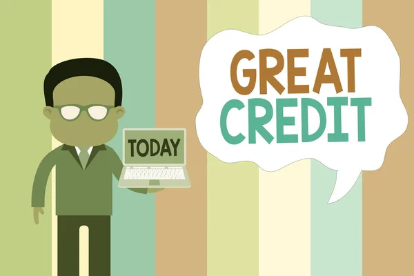 Text sign showing Great Credit. Conceptual photo borrower has high credit score and is a safe credit risk Standing man in suit wearing eyeglasses holding open laptop photo Art.