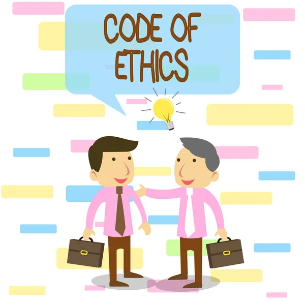 Writing note showing Code Of Ethics. Business photo showcasing basic guide for professional conduct and imposes duties Two White Businessmen Colleagues with Brief Cases Sharing Idea Solution. — Stock Photo, Image