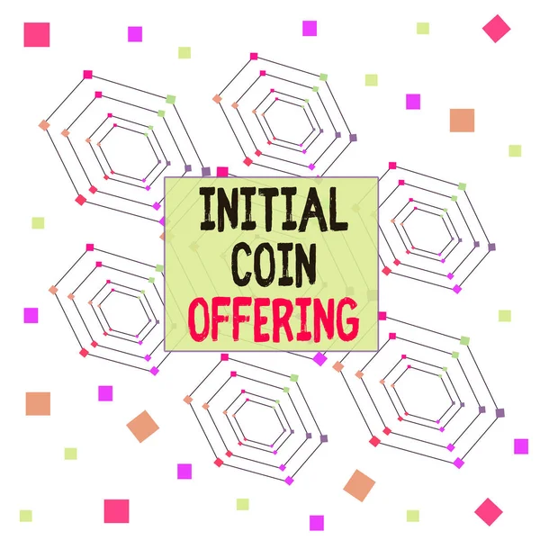 Text sign showing Initial Coin Offering. Conceptual photo crowdfunding using cryptocurrencies raising capital Centered Hexagon Concentric Pattern Randomly Scattered Colored Squares. — Stock Photo, Image