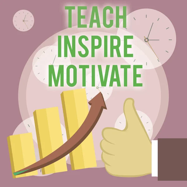 Escribir nota mostrando Teach Inspire Motivate. Foto de negocios mostrando Spark the Imagination to Feel the need to Learn Thumb Up Good Performance Success Escalando el gráfico de barras Flecha ascendente . — Foto de Stock