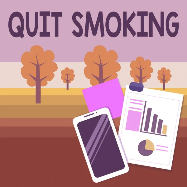 禁煙を示すメモを書く。タバコの喫煙や停止を中止するプロセスを紹介するビジネス写真レイアウトスマートフォン付きスティッキーノート円グラフと棒グラフ. — ストック写真