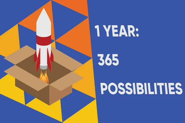 Znak tekstowy pokazujący 1 rok 365 Możliwości. Koncepcyjne zdjęcie Początek nowego dnia Wiele szans, aby rozpocząć ogień wystrzeliwując karton rakietowy. Rozpoczynam projekt. Inspiracja paliwem. — Zdjęcie stockowe