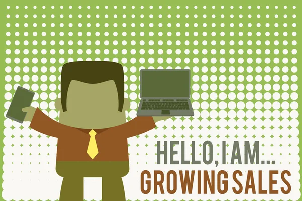 Hello I 'm Growing Sales' i gösteren bir not yazıyorum. İş fotoğraflarının sergilenmesi daha çok para kazandırıyor. Sol cep telefonunda dizüstü bilgisayarı olan profesyonel bir adam daha çok satıyor.. — Stok fotoğraf