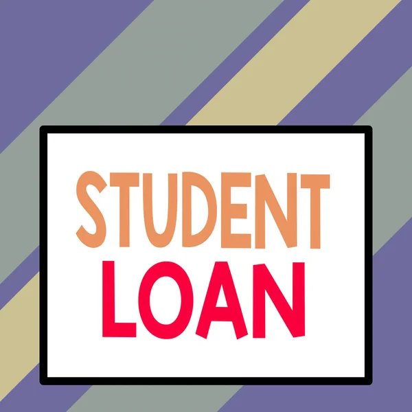 Text sign showing Student Loan. Conceptual photo financial assistance designed to help students pay for school Front close up view big blank rectangle abstract geometrical background.