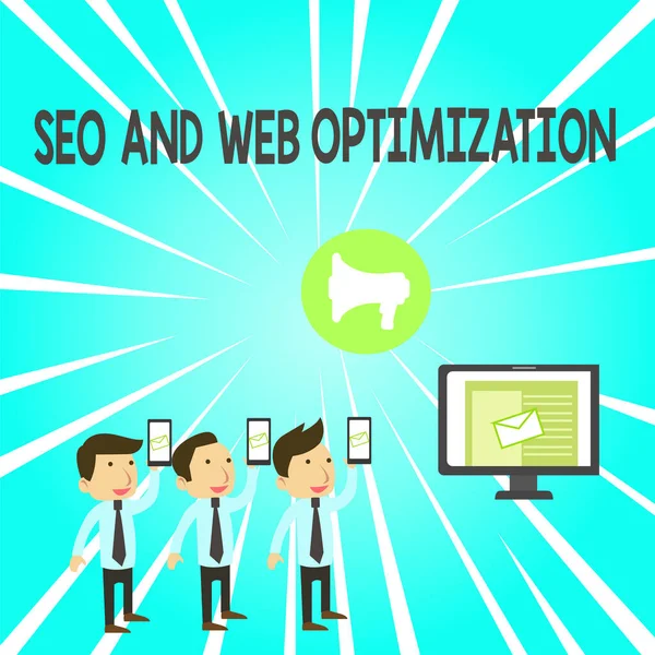 Håndskriftsteksten "Seo and Web Optimization". Begrepe "Search Engine Keywording Marketing Strategies SMS E-post Marketing Media Audience Attraction Personal Computer Loudspeaker" . – stockfoto