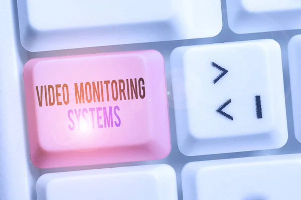 Writing note showing Video Monitoring Systems. Business photo showcasing Surveillance Transmit capture Image to Digital Link Keyboard with note paper on white background key copy space.