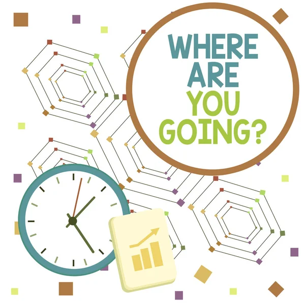 Handwriting text Where Are You Going Question. Concept meaning asking someone where he is heading to Layout Wall Clock Notepad with Escalating Bar Graph and Arrow Pointing Up.