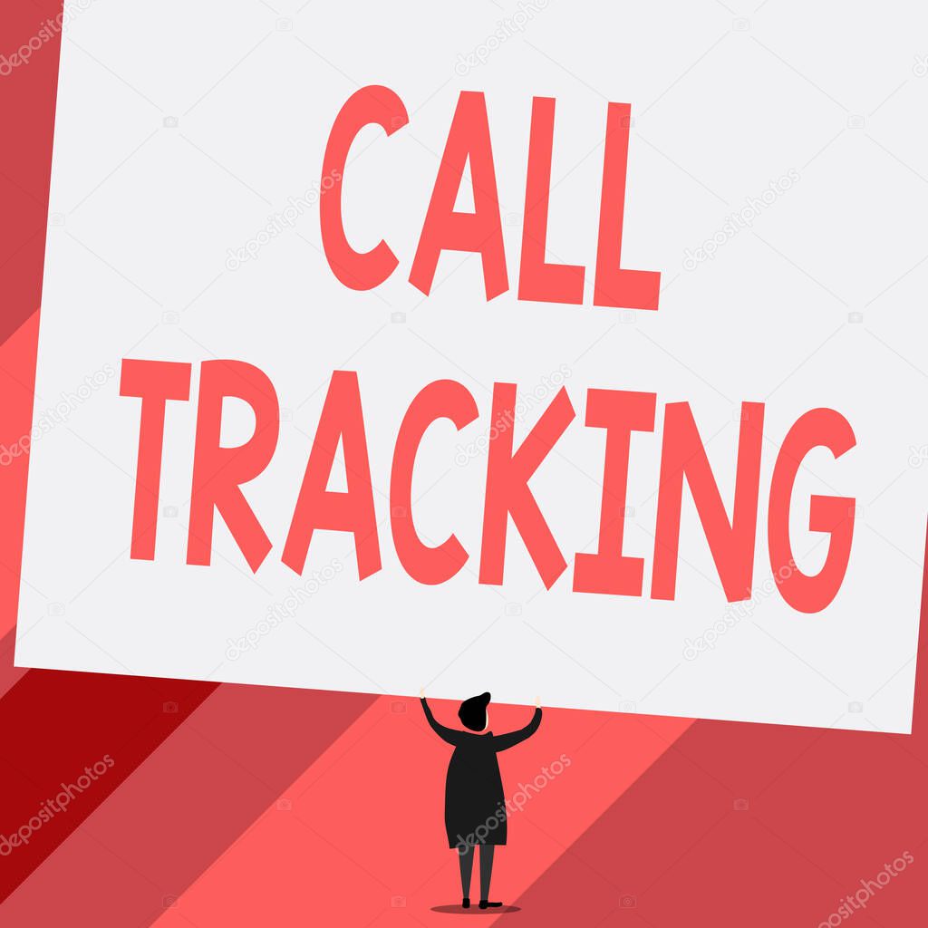 Conceptual hand writing showing Call Tracking. Business photo showcasing Organic search engine Digital advertising Conversion indicator Short hair woman dress hands up holding blank rectangle.