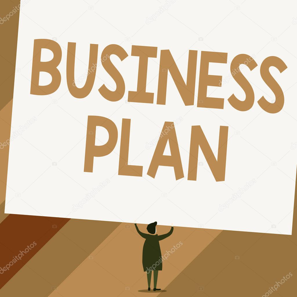 Conceptual hand writing showing Business Plan. Business photo showcasing Structural Strategy Goals and Objectives Financial Projections Short hair woman dress hands up holding blank rectangle.