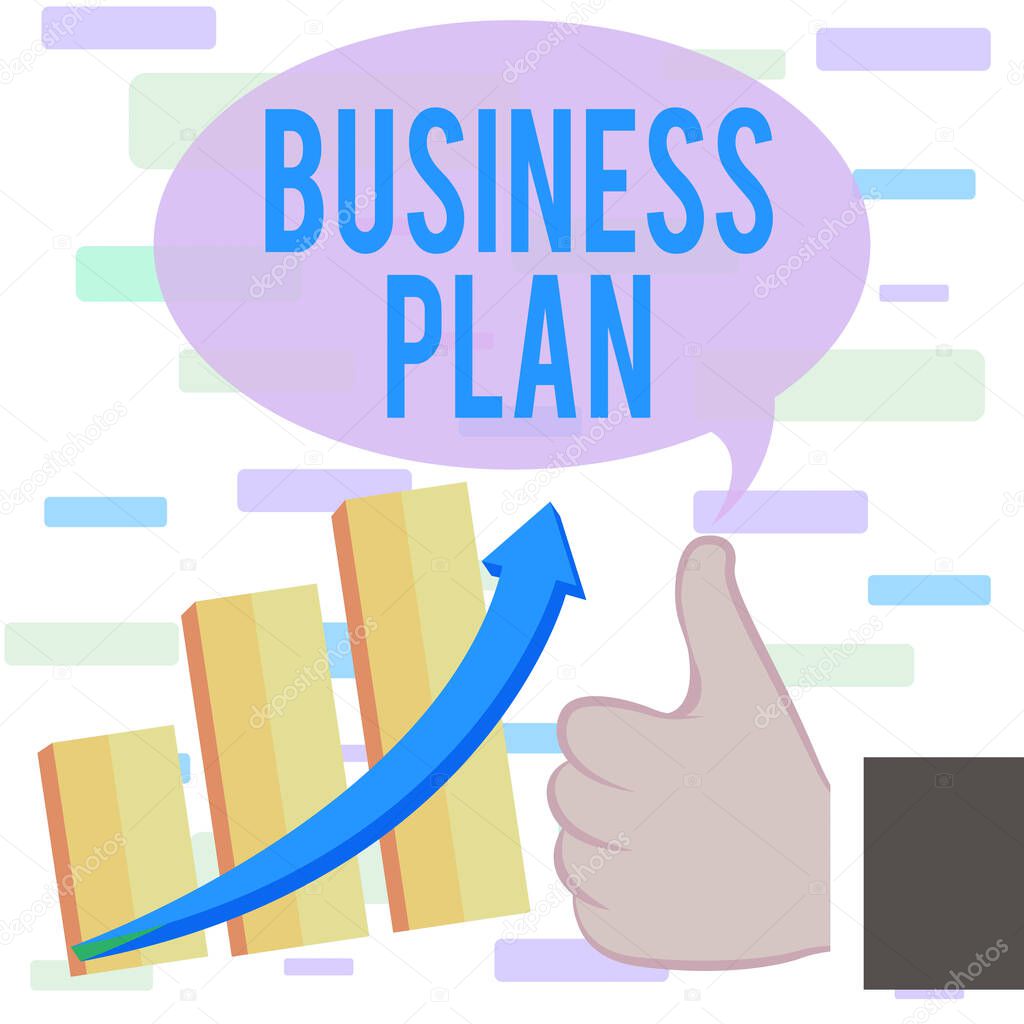 Writing note showing Business Plan. Business photo showcasing Structural Strategy Goals and Objectives Financial Projections Thumb Up Good Performance Success Escalating Bar Graph Ascending Arrow.