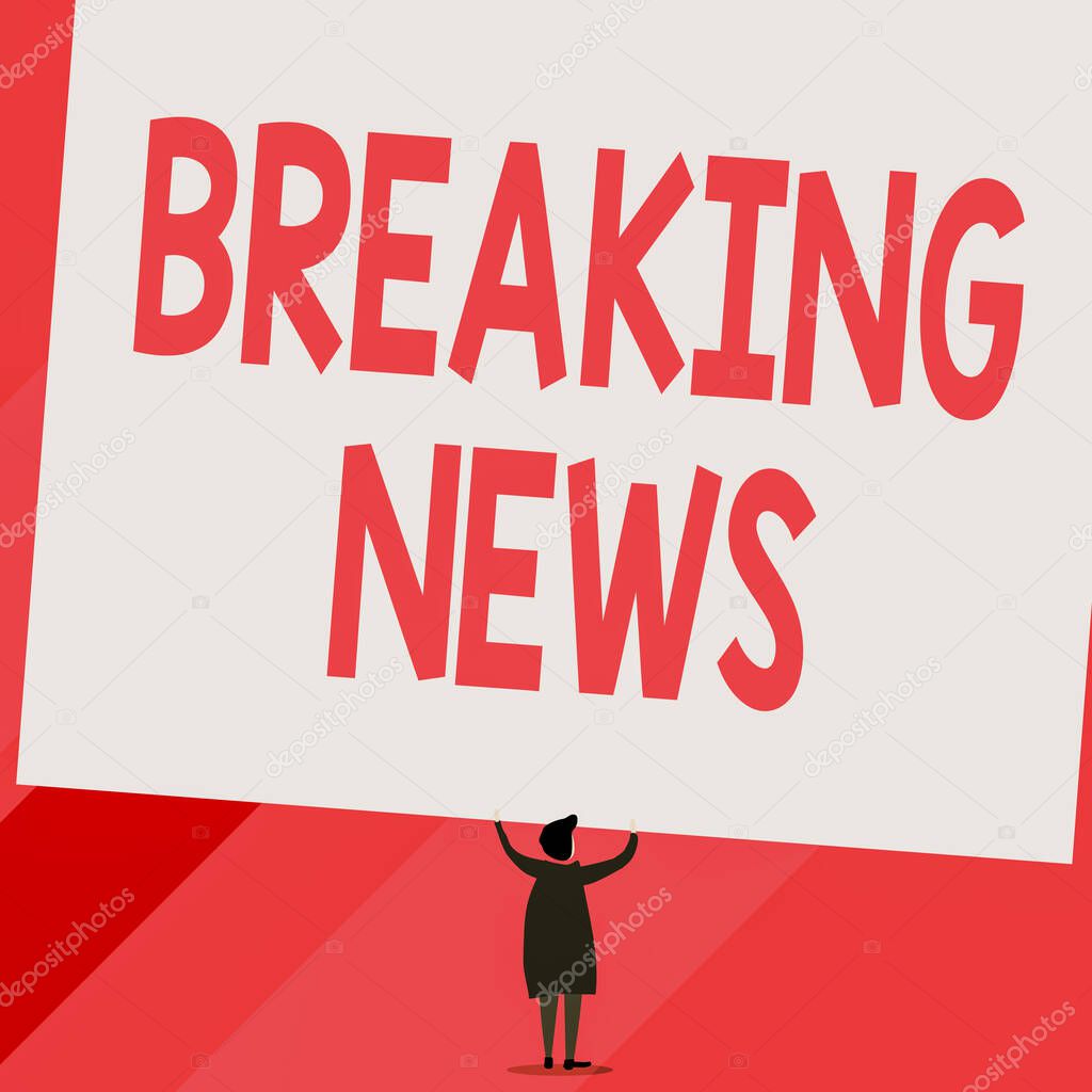 Conceptual hand writing showing Breaking News. Business photo showcasing Special Report Announcement Happening Current Issue Flashnews Short hair woman dress hands up holding blank rectangle.