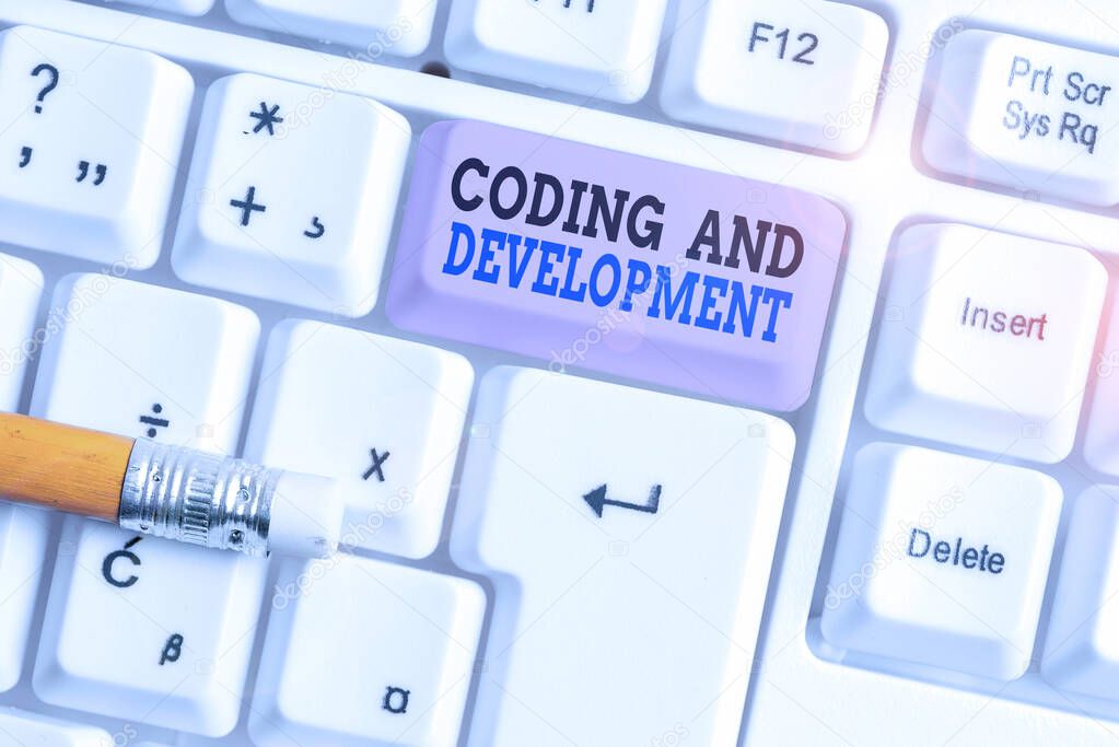 Word writing text Coding And Development. Business concept for Programming Building simple assembly Programs White pc keyboard with empty note paper above white background key copy space.