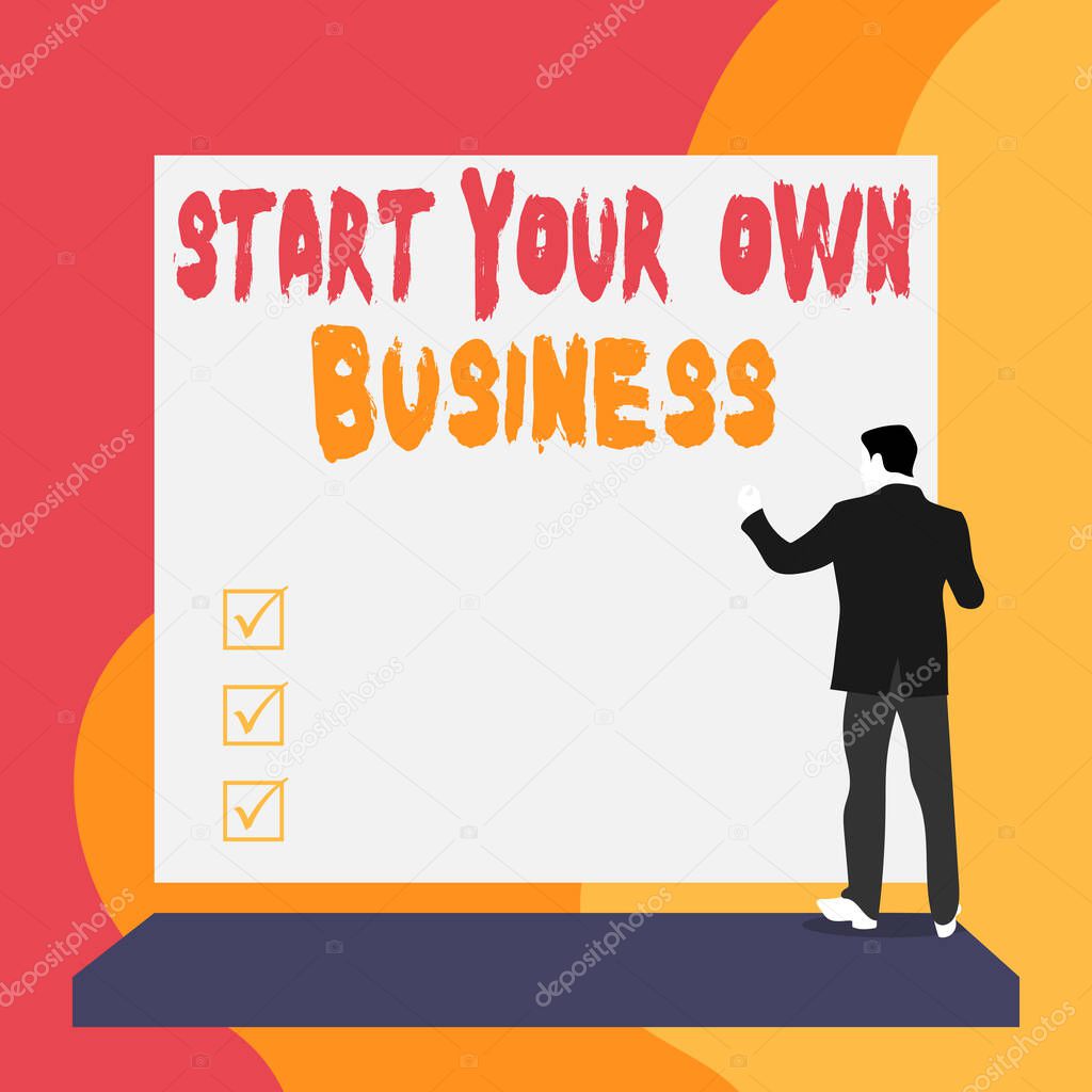 Conceptual hand writing showing Start Your Own Business. Business photo text Entrepreneurial Venture a Startup Enter into Trade Back view young woman watching blank big rectangle.