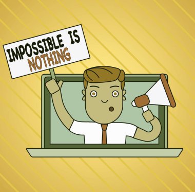 İmkansızı gösteren kavramsal el yazısı hiçbir şeydir. İş fotoğraflarının gösterildiği her şey mümkündür. İnanıyorum ki, Olasılık Adamı Laptop 'la Megafon Tabak' a Konuşuyor..