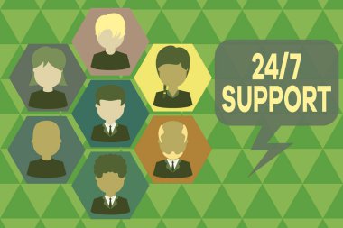 Handwriting text writing 24 Or 7 Support. Concept meaning Giving assistance to service whole day and night No downtime Pictures frames chief executive and staff. Organization employees structure.
