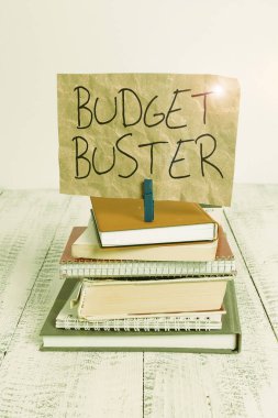 Writing note showing Budget Buster. Business photo showcasing Carefree Spending Bargains Unnecessary Purchases Overspending pile stacked books notebook pin color reminder white wooden.
