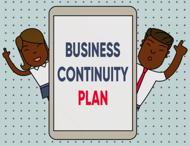 Conceptual hand writing showing Business Continuity Plan. Business photo text creating systems prevention deal potential threats Male and Female Index Fingers Tablet Smartphone Device.