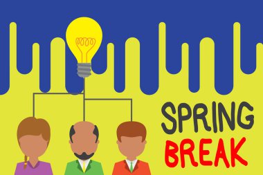 Text sign showing Spring Break. Conceptual photo week s is vacation for students in the spring typically at Easter Group three executive persons sharing idea icon. Startup team meeting.
