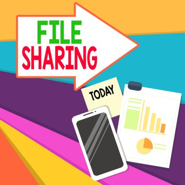 Handwriting text writing File Sharing. Concept meaning transmit files from one computer to another over a network Layout Smartphone Off Sticky Notes Clipboard with Pie Chart and Bar Graph.