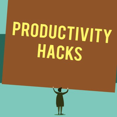 Writing note showing Productivity Hacks. Business photo showcasing tricks that you get more done in the same amount of time Short hair woman standing dress hands up holding blank rectangle.