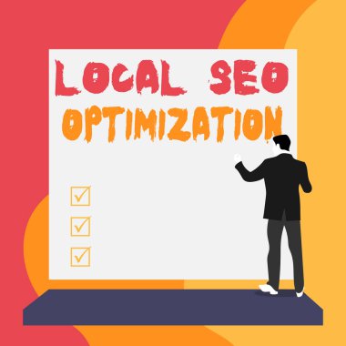 Conceptual hand writing showing Local Seo Optimization. Business photo text increase Search Visibility to Rank on Top list Back view young woman watching blank big rectangle.
