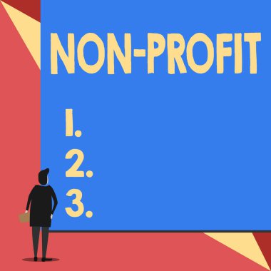 El yazısı Non Profit. Kavram demek, sahiplerine kar getirmeyen bir organizasyon demek. Arkadaki boş büyük dikdörtgeni izleyen genç bir kadın. Geometrik arkaplan.