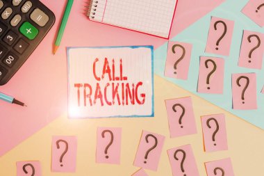 Writing note showing Call Tracking. Business photo showcasing Organic search engine Digital advertising Conversion indicator Mathematics stuff and writing equipment above pastel colours background.