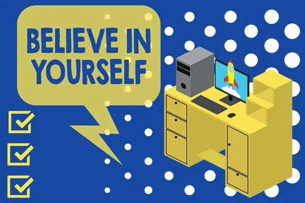 Writing note showing Believe In Yourself. Business photo showcasing common piece of advice that you can do everything Desktop station drawers personal computer launching rocket. — Stock Photo, Image