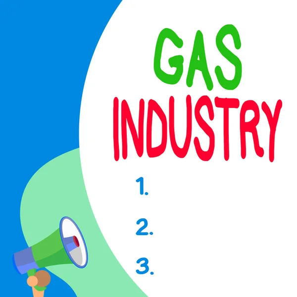 가스 산업을 보여 주는 개념적 손 글씨. 비즈니스 사진 텍스트 프로세스 글로벌 프로세스를 탐색하고 석유 제품 판매작은 메가폰 과 함께 거대 한 풍선빈 텍스트빈. 발표. — 스톡 사진