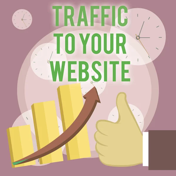 Writing note showing Traffic To Your Website. Business photo showcasing Lifeblood of online business more Potential Leads Thumb Up Good Performance Success Escalating Bar Graph Ascending Arrow.