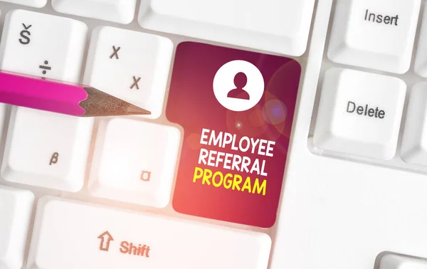 Conceptual hand writing showing Employee Referral Program. Business photo showcasing employees recommend qualified friends relatives White pc keyboard with note paper above the white background. — 스톡 사진