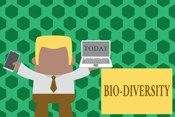 Текст для написания слов Bio Diversity. Бизнес-концепция для различных жизненных организмов морской фауны Экосистема обитания Постоянный профессиональный мужчина галстук держа левый открытый ноутбук правый мобильный телефон . — стоковое фото