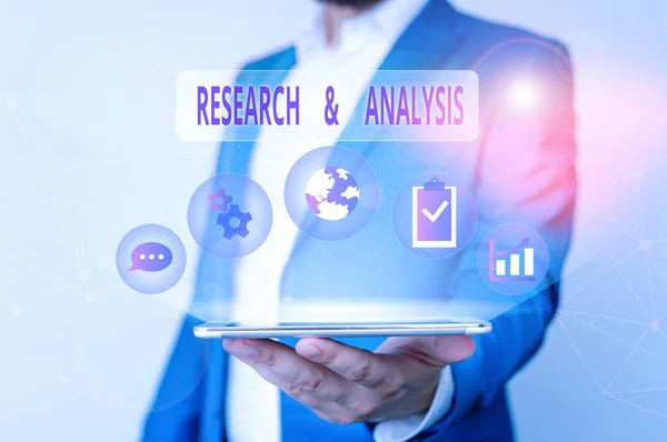 Conceptual hand writing showing Research And Analysis. Business photo text Strategic Thinking and Decision Making existing or new Male human wear formal suit presenting using smart device. — Stock Photo, Image