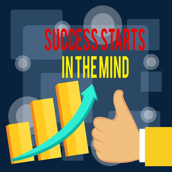 Writing note showing Success Starts In The Mind. Business photo showcasing Have positive thoughts accomplish what you want Thumb Up Good Performance Success Escalating Bar Graph Ascending Arrow. — 图库照片