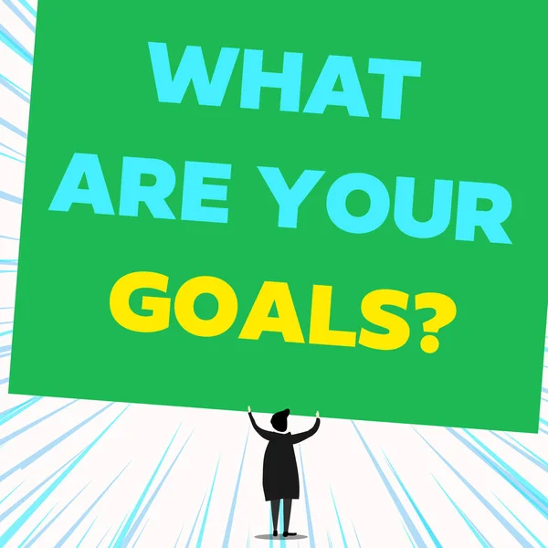 Handwriting text writing What Are Your Goals Question. Concept meaning ask the Desired End Results to know the plans Back view standing short hair woman dress hands up holding blank rectangle. — Stock Photo, Image