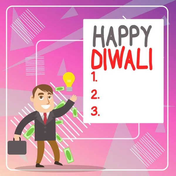 Woord schrijven tekst Happy Diwali. Zakelijk concept voor festival van licht dat wordt gevierd door miljoenen Hindoes Succesvolle Zakenman of Clerk Generating Good Idea of Finding Solution. — Stockfoto