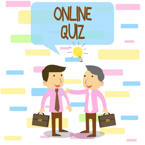Writing note showing Online Quiz. Business photo showcasing game or a mind sport that are published on the Internet Two White Businessmen Colleagues with Brief Cases Sharing Idea Solution.