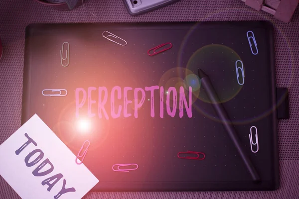 Conceptual hand writing showing Perception. Business photo showcasing individuals organize and interpret their sensory impressions Scissors and equipments math book above textured backdrop.