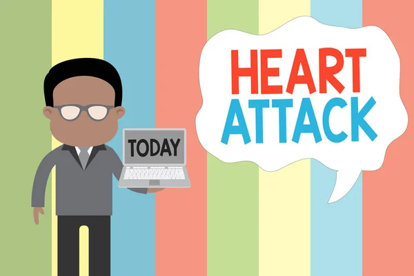 Text sign showing Heart Attack. Conceptual photo sudden and sometimes fatal occurrence of coronary thrombosis Standing man in suit wearing eyeglasses holding open laptop photo Art. — 스톡 사진