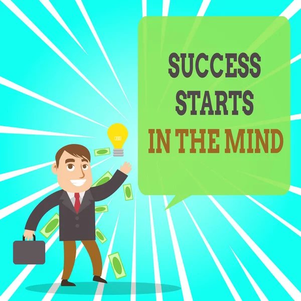 Text sign showing Success Starts In The Mind. Conceptual photo Have positive thoughts accomplish what you want Successful Businessman or Clerk Generating Good Idea or Finding Solution. — Stok fotoğraf