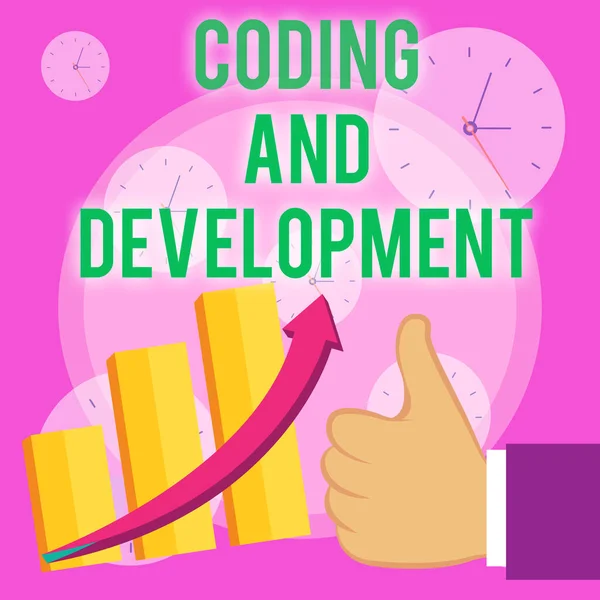 Writing note showing Coding And Development. Business photo showcasing Programming Building simple assembly Programs Thumb Up Good Performance Success Escalating Bar Graph Ascending Arrow. — Stok fotoğraf