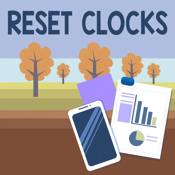 Writing note showing Reset Clocks. Business photo showcasing To revisit return to or recreate a time or era from the past Layout Smartphone Sticky Notes with Pie Chart and Bar Graph. — ストック写真