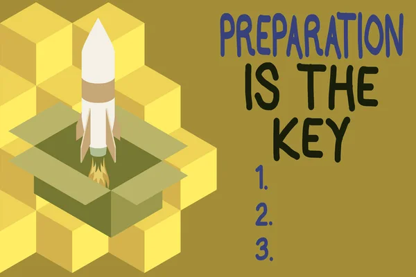 Handwriting text writing Preparation Is The Key. Concept meaning action of making something ready for service or use Fire launching rocket carton box. Starting up project. Fuel inspiration. — ストック写真