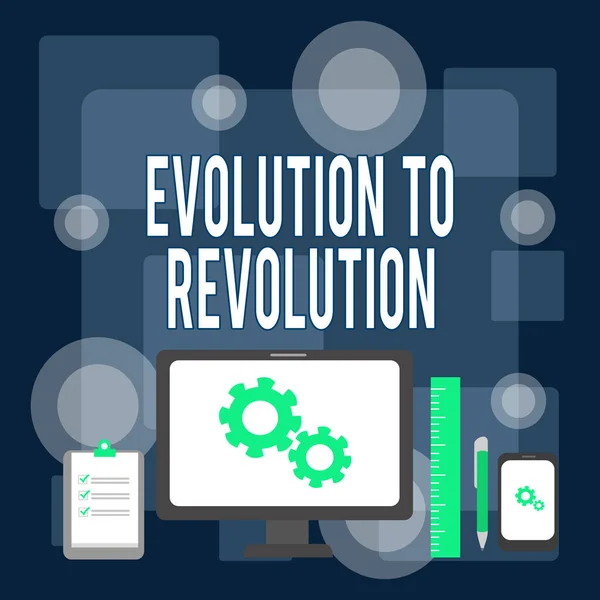 Writing note showing Evolution To Revolution. Business photo showcasing adapting to way of living for creatures and huanalysiss Business Concept PC Monitor Mobile Device Clipboard Ruler Ballpoint Pen. — 图库照片