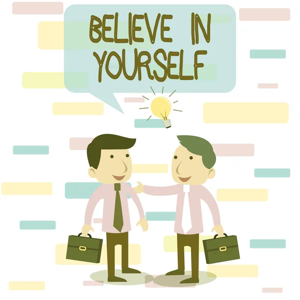 Writing note showing Believe In Yourself. Business photo showcasing common piece of advice that you can do everything Two White Businessmen Colleagues with Brief Cases Sharing Idea Solution. — Stok fotoğraf